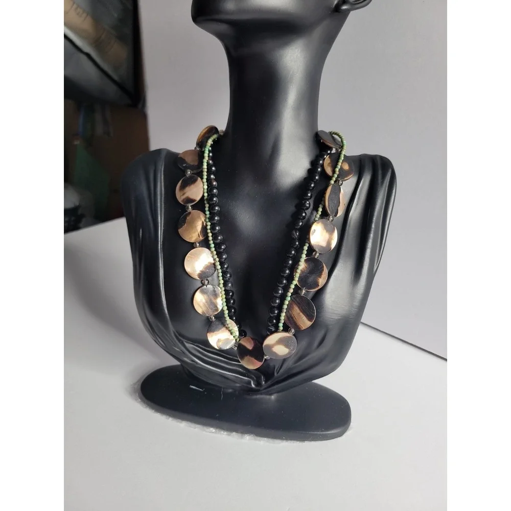 Multi Strand Shell Disc Necklace 925 Sterling‎ Clasp Black Bead Boho Artisan